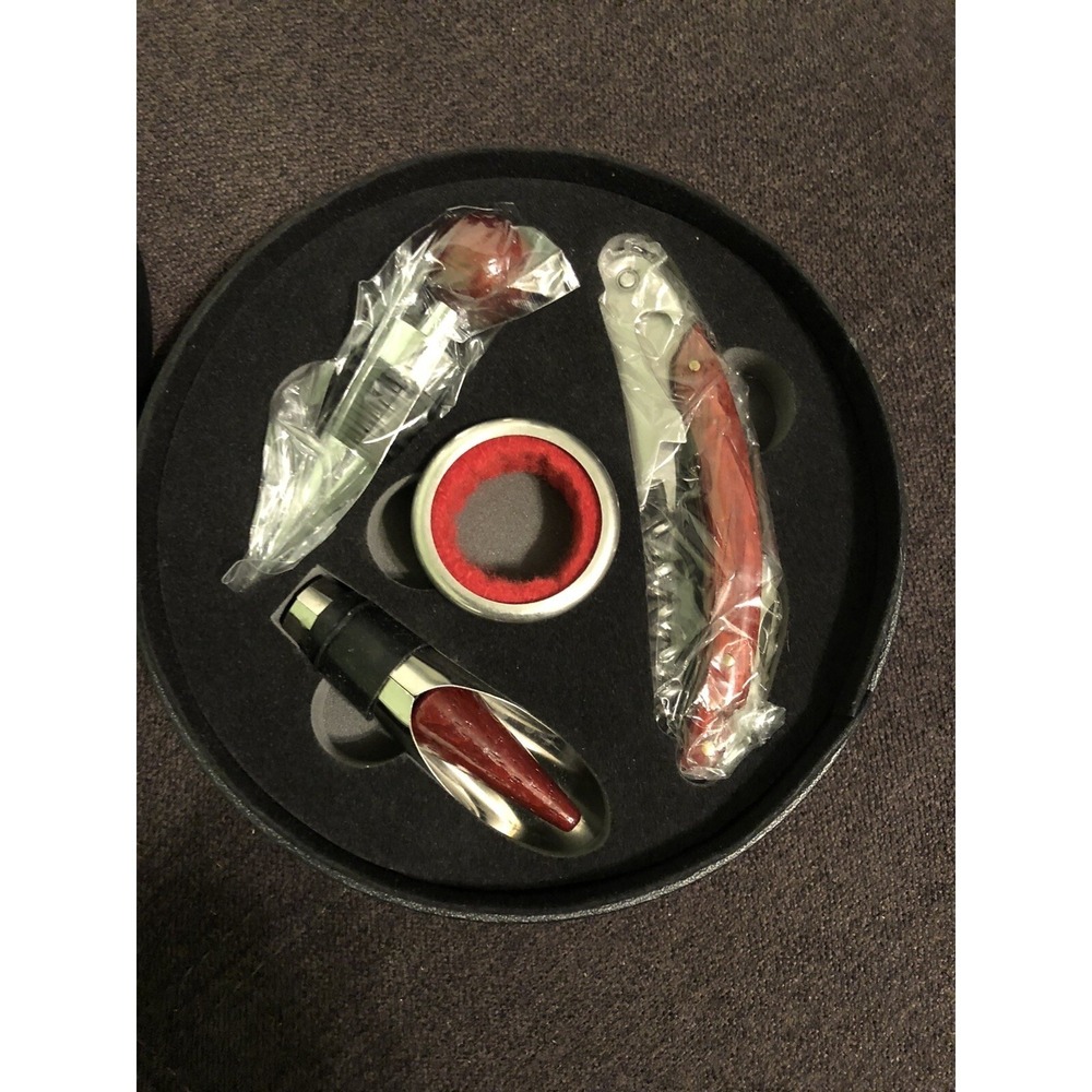 Wine Opener Kit 4 Pcs‎ Set In Leather Round Case New Bar Tools